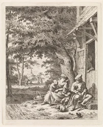Familie med hund, der sidder foran et hus Landskaber med figurer (serietitel)