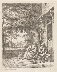 Familie med hund, der sidder foran et hus Landskaber med figurer (serietitel)
