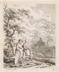 Gammel mand, kvinde og barn på en skovsti Landskaber med figurer (serietitel)