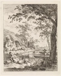 Hyrdinde med får foran en gård Landskaber med figurer (serietitel)