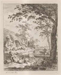 Hyrdinde med får foran en gård Landskaber med figurer (serietitel)