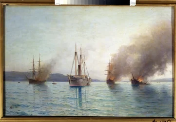 Russisk torpedobåd storhertug Konstantin ødelægger de tyrkiske skibe ved Bosporus i 1877 (Russisk torpedobåd Tender storhertug Konstantin ødelægger de tyrkiske skibe ved Bosporus 1877). Søslag i krigen mellem russerne
