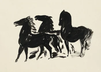 Tre sorte heste stående og kiggende mod venstre (1935-1936), tegning i høj opløsning af Leo Gestel