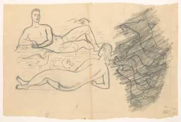 Nøgen mand og kvinde på stranden, omgivet af måger