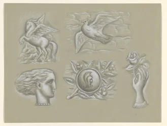 Pegasus, due, kvindehoved, våben og hånd med rose