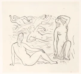 Fem nøgne kvinder, i brændingen eller på stranden