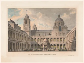 Zicht op de Courtyard of the Evangelists van het Monastery of San Lorenzo de El Escorial Udsigt over evangelisternes gårdhave i R. Klosteret i S. Lorenzo (titel på objektet)