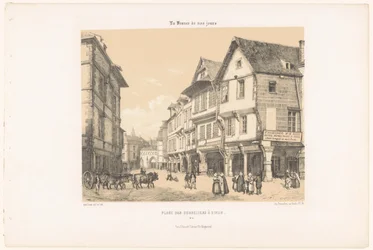 Udsigt over Place des Cordeliers i Dinan Place des Cordeliers à Dinan (titel på objekt) Contemporary France (serietitel) La France de nos jours (serietitel på objekt)