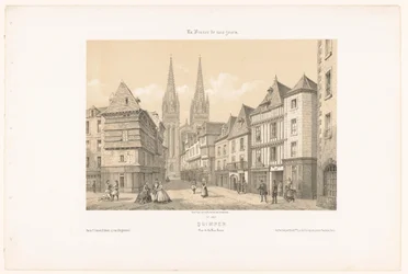 Udsigt over Rue Kéréon og katedralen i Quimper Quimper. Vue de la rue Kerion (titel på objekt) Contemporary France (serietitel) La France de nos jours (serietitel på objekt)