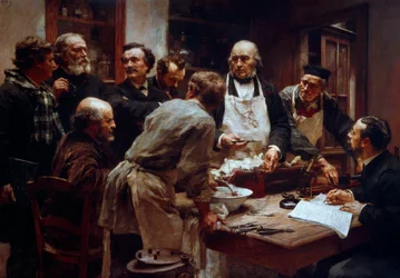 Dissektionskurset af lægen Claude Bernard (1813-1878) (med forklædet) i nærværelse af hans elever Paul Bert (1833-1886) og Arsonvals Arsene (1851-1940) maleri af Leon Augustin Lhermitte (1844-1925) 19. århundrede Paris, Videnskabsakademiet
