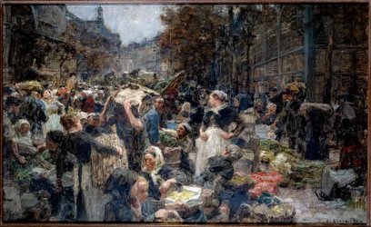 Hallerne. Mængden af Marche des Halles i Paris i det 19. århundrede. Skitse af Leon Augustin Lhermitte (1844-1925)