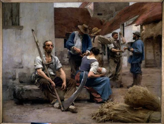 Udbetaling til bondehøstfolk på en gårdsplads, en af dem holder en le. Maleri af Léon Augustin Lhermitte (1844-1925), 1882. Sol. 2,15 x 2,72 m. Paris, Musée d