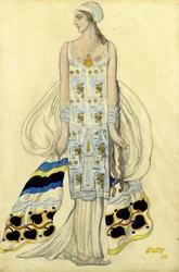 Kostumedesign til Ida Rubinstein i dramaet Phaedra (Phedre) af Jean Racine - Bakst, Leon (1866-1924) - 1923 - Gouache og blæk på papir - 48x32 - Privat samling