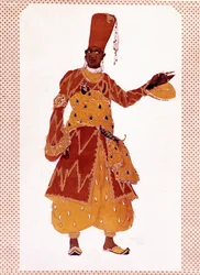 Den Store Eunuchs kostume tegnet af Lev Samoilovich Rosenberg kaldet Leon Bakst (1866-1924) til balletten "" Sheherazade" (eller Scheherazade) komponeret af Nikolai Andreyevich Rimsky-Korsakov (Rimsky Korsakov eller Rimsky Korsakov).