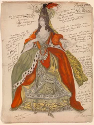 Dronningens forberedende kostume, til balletten ""La belle au bois dormant"" af Piotr Tchaikovsky (1840-1893) (Kostumedesign til balletten Sleeping Beauty af P Tchaikovsky) - Værk af Leon Bakst (1866-1924), blyant og akvarel på papir (33x25 cm)