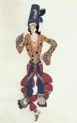 Kostumeskitse til en indisk ungdom til balletten "Sheherezade" af Rimski-Korsakov (gouache, akvarel, guld på papir)
