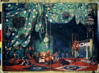 Scene til balletten ""Sheherazade"" af Nicolas (Nikolai) Rimski Korsakov (Rimski-Korsakov) (1844-1908) fra After the Tales of the Thousand and One Nights. (Scenedesign til balletten Sheherazade af N.Rimsky Korsakov (Rimsky-Korsakov). Tegning af Leon Bakst 