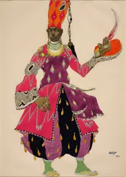 Eunuch "Eunuch" Kostume til balletten Sheherazade af Nicholas Rimsky Korsakov (Rimsky-Korsakov) 1922 (akvarel). Kostume til balletten Sheherazade (Scheharazade) af Nicholas (Nikolai) Rimsky Korsakov (Rimsky-Korsakov) (1844-1908)