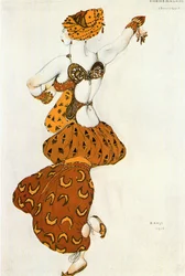 Odalisque, kostumeskitse til balletten "Sheherezade" (akvarel og guld på papir)