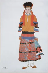 Bondekvinde. Kostumedesign til Vaudeville Old Moscow på Théâtre Femina i Paris, 1922
