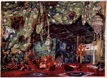 Scenografi af Leon Bakst (1866-1924), russisk maler og dekoratør til operaen "" Scheherazade"" (Sheherazade) af Nicholas (Nikolai) Rimsky Korsakov (Rimsky-Korsakov) (1844-1908).