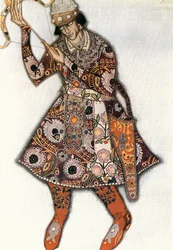 Tsarevitch Ivan, kostumeskitse til Igor Stravinskis ballet Ildfuglen (akvarel, gouache)