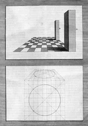 Behandlinger om arkitektur, perspektiv og geometri: tavle taget fra "" De Architectura Libri decem"" af Leon Battista Alberti (1404-1472), arkitekt, matematiker, italiensk digter fra renæssancen, London