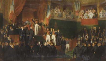 LOUIS-PHILIPPE (1773-1850) SÆR ED AT OPHOLDE CHARTERET AF 1830 I NÆRVÆRELSE AF KAMRE, 9. AUGUST 1830, maleri af LeON-JEAN-BASILLE PERRAULT OG HANS STUDIO - som Louis-Philippe I. Deputeretkammeret, 9. august 1830 pa