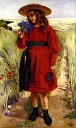 Forår eller, ung pige med kornblomster (olie på lærred)