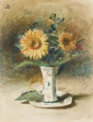 Ak! Jeg er ikke Van Dyck: to solsikker i en vase (sort kridt, akvarel, lagt om bord)