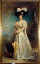 Portræt en pied af madame Maurice Pascal og søn Chien Lille maleri af Leon Joseph Bonnat (1833-1922) 1905 Søn. 2,17x0,9 m Pau, musee des Beaux Arts - Portræt i fuld længde af Madame Maurice Pascal og hendes hund, Tiny. Maleri af Leon Joseph Bonnat (1833-19