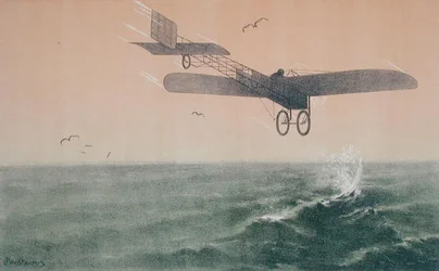 Louis Bleriot (1872-1936) krydsede Den Engelske Kanal for første gang med fly den 25. juli 1909, ca. 1910 (farve litho)