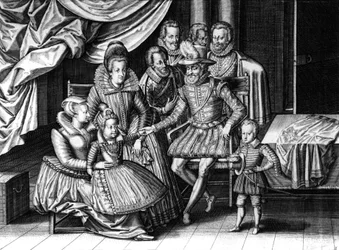 Den franske konge Henri IV med sin kone Marie de Medicis og 2 af deres børn: den fremtidige Louis XIII og Elizabeth, gravering af Leonard Gaultier og Le Clerc, ca. 1605