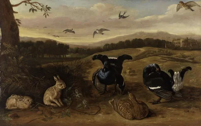 Urfugle, kaniner og svaler i en park, ca. 1700