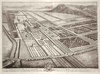 Chatsworth House, sæde for William Cavendish (1640-1707) 1. hertug af Devonshire, indgraveret af Johannes Kip (ca. 1652-1722)