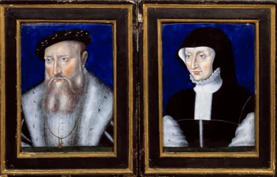 Portræt af Claude de Lorraine (1496-1550), hertug af Guise og Antoinette af Bourbon Vendome (1494-1583), hans kone Emalje malet af Leonard Limosin (1505-1577) 1550 ca. Sol. 0,25x0,2 m Ecouen, Musee national de la renaissance