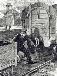 En tegneserie, der kommenterer jernbanearbejderes ulykker. Illustreret af Leonard Raven-Hill (1867-1942), en engelsk kunstner, illustrator og tegneserieskaber fra det 20. århundrede.
