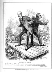 Lloyd George og Harcourt, begge ministre i den liberale regering, er uenige om at give stemmer til kvinder, 1910