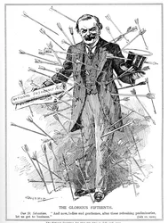 Lloyd George, afbildet som martyren, St. Sebastian, under angreb for sin National Insurance Act, som trådte i kraft den 15. juli 1912 Insurance Act, 1911