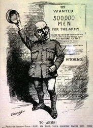 Til våben! Rekrutteringssergent Punch; "Nu, mine drenge, jeres land har brug for jer. Hvem er til fronten?" fra magasinet "Punch", Vol CXLVII p.195, pub. 2. september