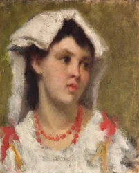 La ciociara Portrait de paysanne de la region de la Ciociaria pres de Rome (Ung dame fra Ciociaria nær Rom) Peinture af Leonardo Bazzaro (1853-1937) Collection privee