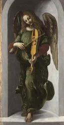 ""An Angel in Green Playing the Old (Old)"" Maleri fra Leonardo da Vincis følge (Leonardo da Vinci) (1452-1519) omkring 1490-1499 London National Gallery