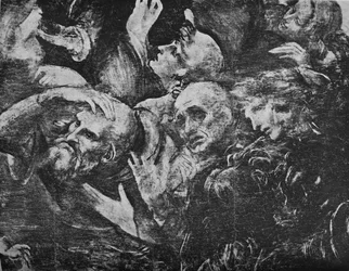 Tilbedelse af Magi - Gruppens hoveder bag den knælende konge til højre, c1481 1945
