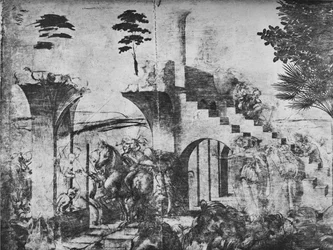 Adoration of the Magi - Ryttere i mellemdistancen til venstre, c1481 1945