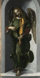 En engel i grønt med en Vielle, ca. 1490-1499
