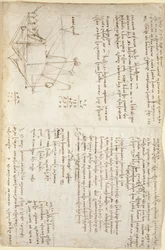 Arundel 263, f.127, Noter og skematisk skitse af en mekanisk graver i perspektiv (side-on), c.1503-5 (pen & blæk på papir)