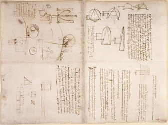 Arundel 263, f.133v, f.130r, Noter, skematiske skitser og diagrammer fra 