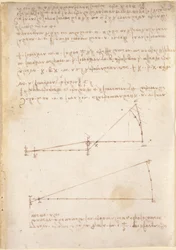 Arundel 263, f.214 Tegninger på de mekaniske kræfter og kræfter, slagtøj, tyngdekraft, bevægelse, optik og astronomi, med forskellige aritmetiske og geometriske udsagn (pen og blæk på papir)