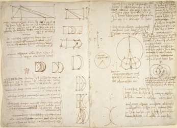 Arundel 263, f.222v, f.219, Tegninger på de mekaniske kræfter og kræfter, slagtøj, tyngdekraft, bevægelse, optik og astronomi, med forskellige aritmetiske og geometriske forslag (pen & blæk på papir)