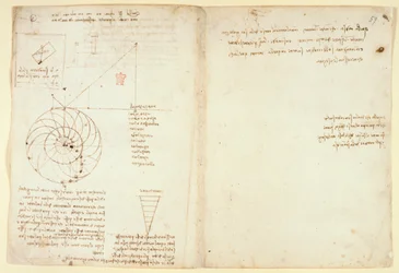 Arundel 263 f.44v, f.59 En skitse af et øje og en næse af et ansigt i profil; noter om vand, fra 